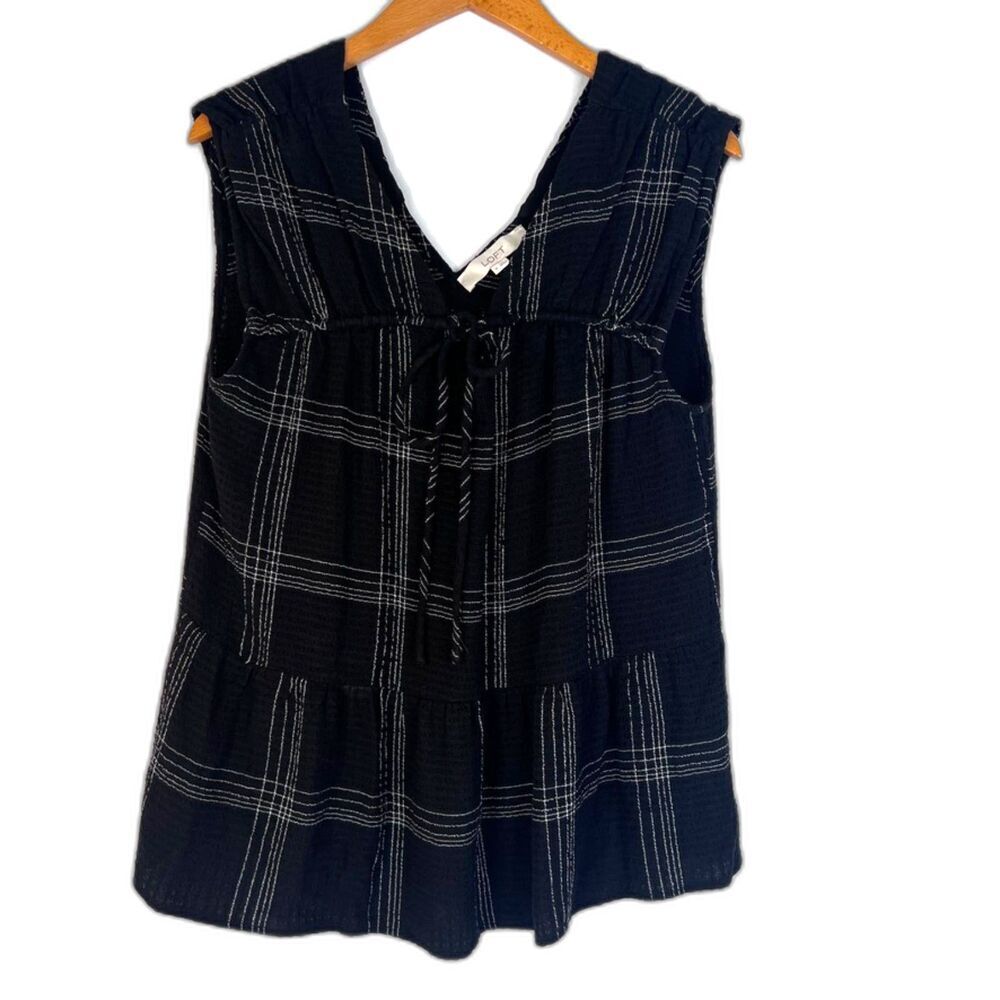 Ann Taylor Loft Black Plaid Sleeveless Empire Drawstring Waist Boho Top Medium